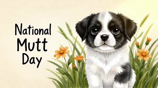 National mutt day cute puppy illustration with flowers and grass for pet awareness celebration
