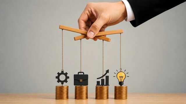 Businessman hand controlling financial and business icons on coin stacks with a marionette string symbolizing corporate management and investment strategy
