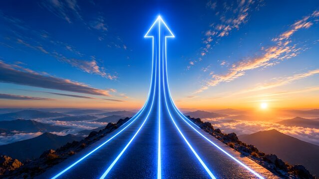 Glowing blue neon arrow pointing straight up a mountain road towards sunrise representing journey to success and future business vision
