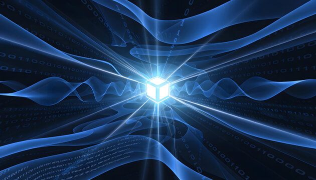 Abstract digital background with a glowing cube in the center, surrounded by flowing blue waves of binary code and light rays representing data transmission