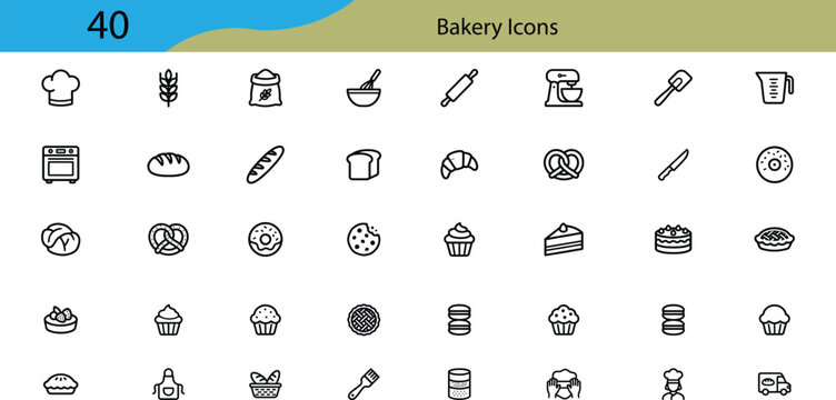 Bakery icon set. Pastry shop and baking related icons: cooking tools, bread, cake, wheat, flour, dessert, donut, pie, and sweet food delivery. Editable line icons. Vector illustration.