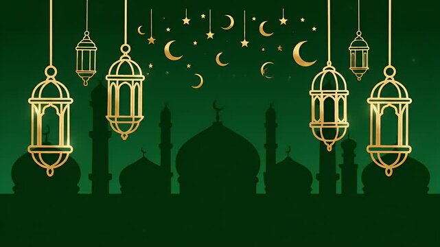 Ramadan lanterns background with golden hanging lamps and mosque silhouette for islamic celebration