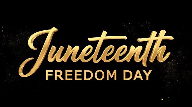 Juneteenth freedom day gold text animation with sparkling particles on a black background motion