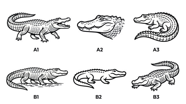 Alligator Illustration Set: Full Body, Head, and Detail Line Art
