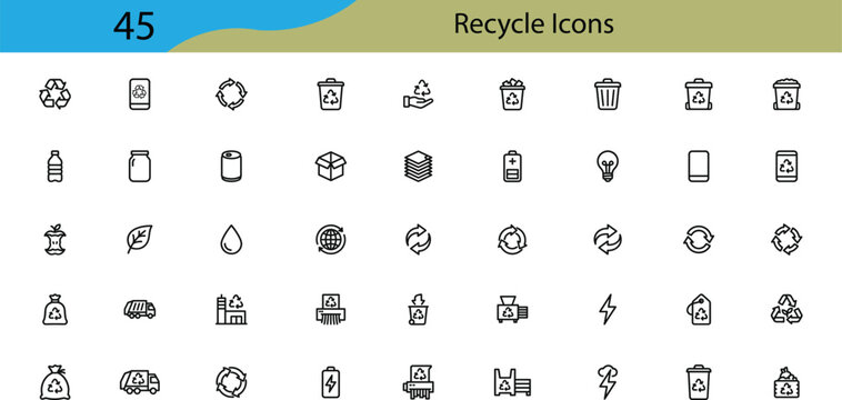 Recycling and waste management icon set. Ecology related icons: garbage sorting, zero waste, eco friendly packaging, sustainable materials, and nature. Editable line icons. Vector.