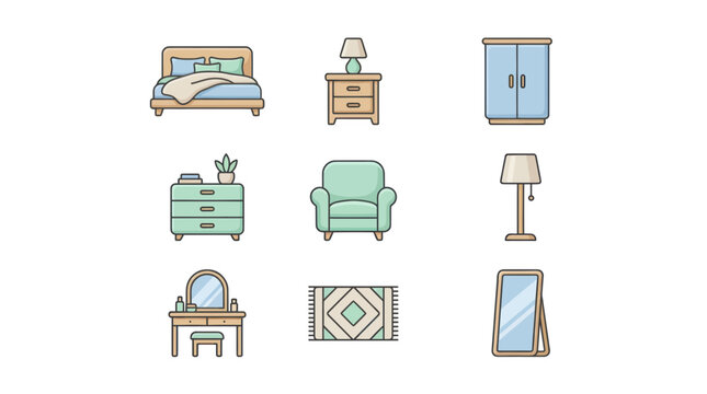 Cozy Bedroom Furniture Set - Vector Icon Collection