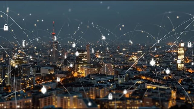 abstract cloud social media innovative cyber security network, using interconnected nodes to represent business partnerships on the Smart digital Innovation city with connection network reciprocity ov
