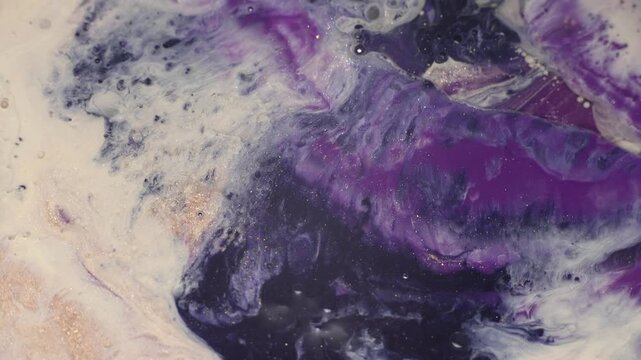 Dreamy Marble Ink Swirl Background in Violet, White and Shiny Gold Details, abstract motion background
