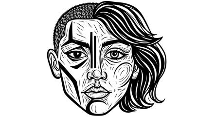 Obraz premium Artistic woman portrait with ethnic geometric face paint patterns.