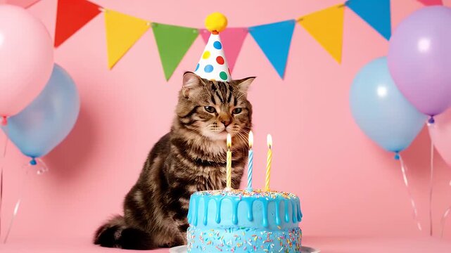Tabby cat wearing a party hat sitting next to a blue birthday cake with lit candles on pink back