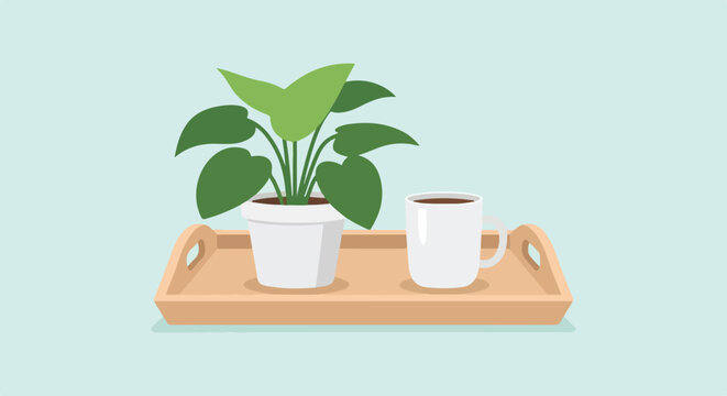 A vector illustration of a potted plant and a cup of coffee sitting on a wooden tray against a soft blue background in a minimalist flat style.