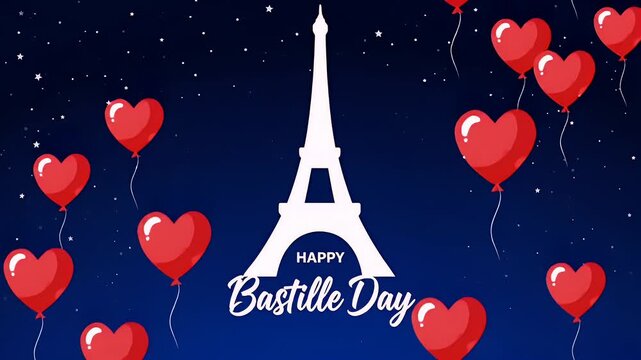 Eiffel tower silhouette with happy bastille day text and red heart balloons on a starry night sky