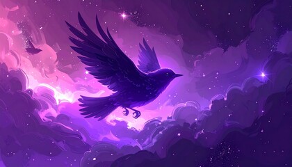 a bird flying in the purple night sky.