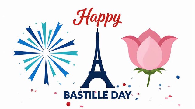 Happy bastille day celebration with eiffel tower illustration and festive fireworks in motion