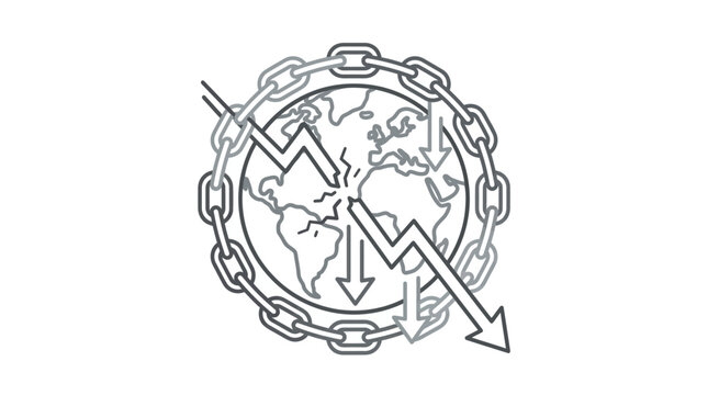 Globe wrapped in chains with downward lightning bolt arrow icon.