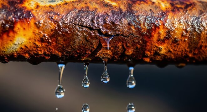 Extreme closeup of a damaged, corroded metal pipe dripping water steadily, showing rust and failure requiring immediate repair, drip, moisture, issue