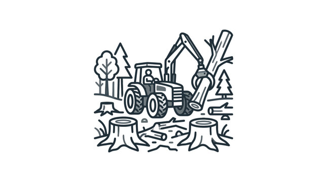 Logging tractor harvesting wood in a deforested field.