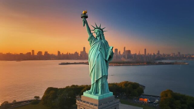 Cinematic Slow Motion Aerial Statue of Liberty Standing New York Harbor Iconic Symbol Loop