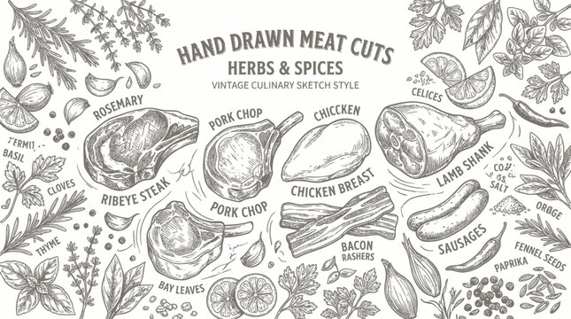 Hand Drawn Meat Cuts, Herbs & Spices Sketch - Vintage Culinary Illustration