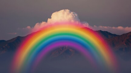 Obraz premium Vibrant rainbow arcs over misty mountain peaks at sunset. Colorful sky hues blend with dark rugged terrain. Soft clouds drift above dramatic natural panorama.