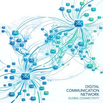 Global Digital Communication Network with Email Icons and World Map