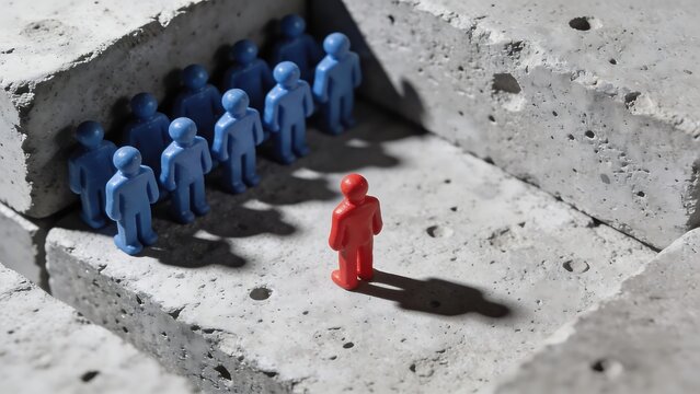 Red Figurine Standing Before Group of Blue Figurines on Concrete