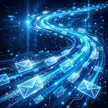 Digital Communication Network: Blue Glowing Email Icons Flowing Through Data Stream