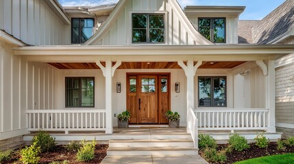 Fototapeta premium Modern Farmhouse Front Porch with Wooden Door and White Railing