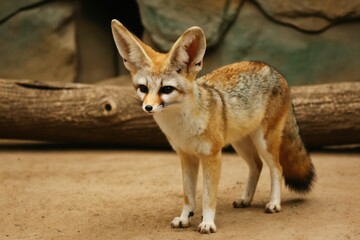 Fototapeta premium Fennec fox stands on sandy ground in zoo enclosure. Small desert mammal with large ears looks curious. Cute wild animal rests near rock wall and log.