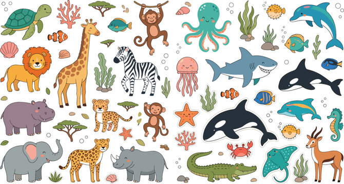 Sea Animals and Jungle Creatures Sticker Illustration Set with Dolphins, Sharks, Lions, Zebras, and Octopus