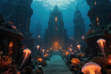 Naklejka premium Surreal underwater city ruins with glowing jellyfish and coral. Ancient architecture illuminated by warm light, deep ocean abyss. Mystical, fantasy landscape, dreamlike, serene, hidden world.