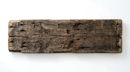 Fototapeta premium A rectangular piece of rough dark reclaimed wood plank isolated on white background