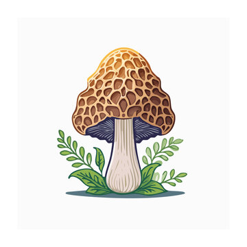 Illustration of a Morel Mushroom with Green Leaves