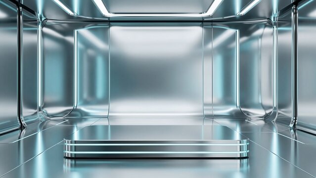 Futuristic chrome studio setup with cyan reflections and empty platform