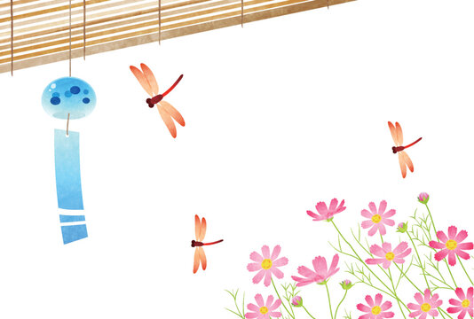 残暑見舞いイラスト、風鈴、すだれ、とんぼ、コスモス、かわいい、和風、横