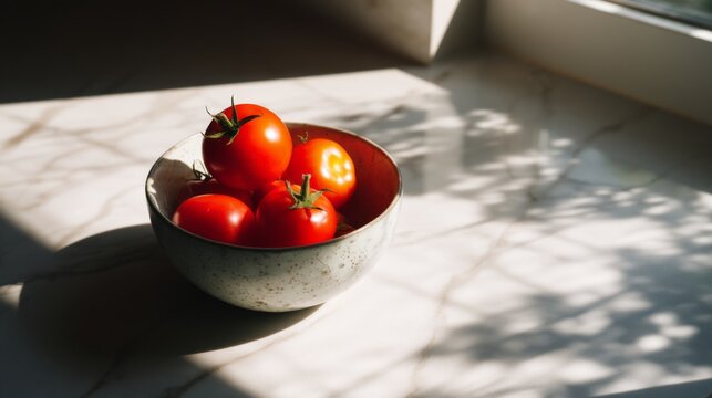 Fresh ripe red tomatoes in a decorative bowl placed on a marble kitchen countertop, casting shadows from the sunlight streaming through a window