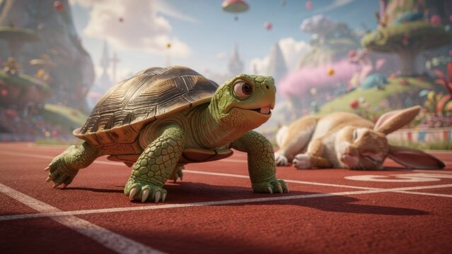 Turtle Winning Race Against Rabbit