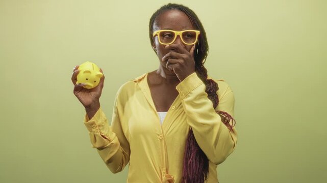Young african american woman wearing yellow shirt and glasses holding yellow piggy bank, hand to mouth gesture in studio; financial concern.