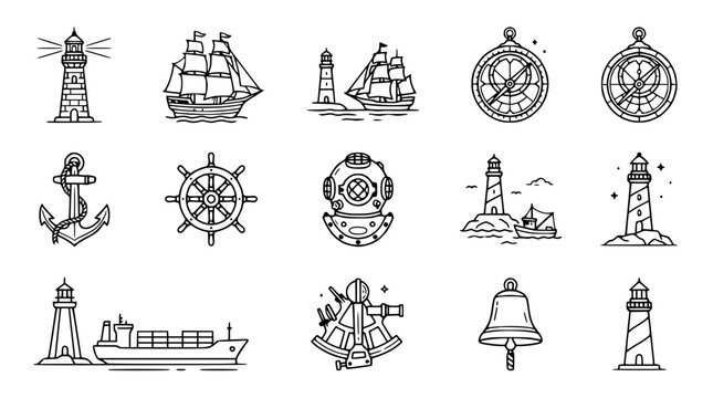 Nautical Icons Set: Lighthouse, Ship, Anchor, Compass, Helm, Bell, Sextant, Diver