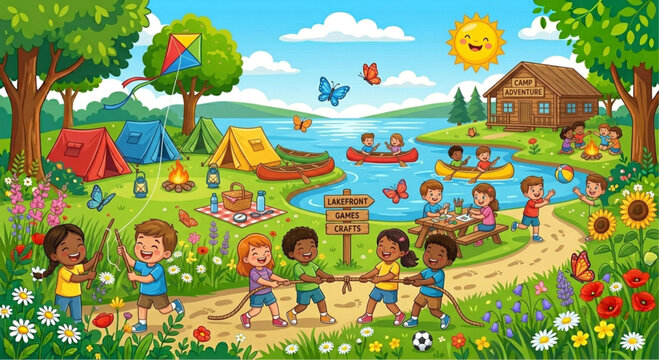 Colorful children, outdoor fun, summer camp, illustration, kids playing, nature scene