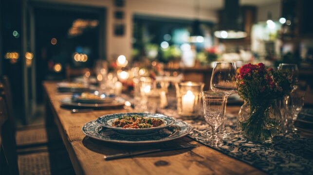 Elegant Dinner Table Setting with Candles and Floral Decor.