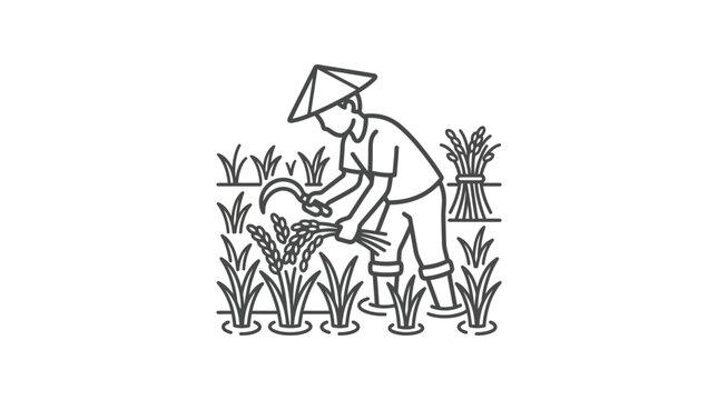 Asian farmer harvesting rice paddy with sickle line art.