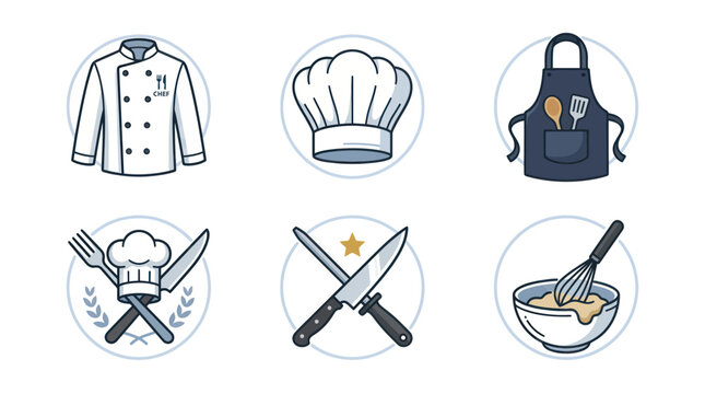Culinary Icons: Chef Jacket, Hat, Apron, Utensils, Knives, Whisk