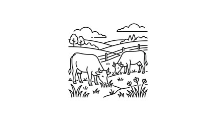 Cows grazing in pasture with hills and fence line art. © Ucul