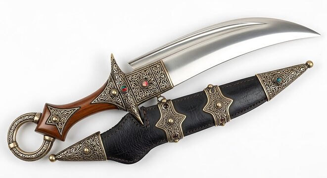 Ornate curved blade dagger with decorative sheath and handle