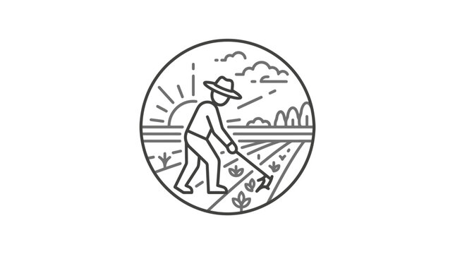Circular line art of farmer hoeing field at sunrise.