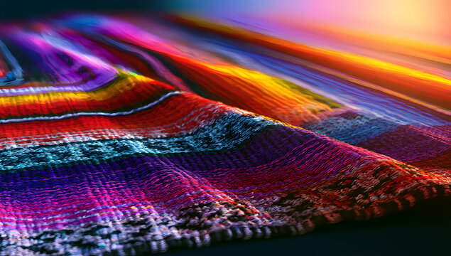 A Cinco de Mayo-themed image with Mexican blanket stripes or poncho serape as its background.