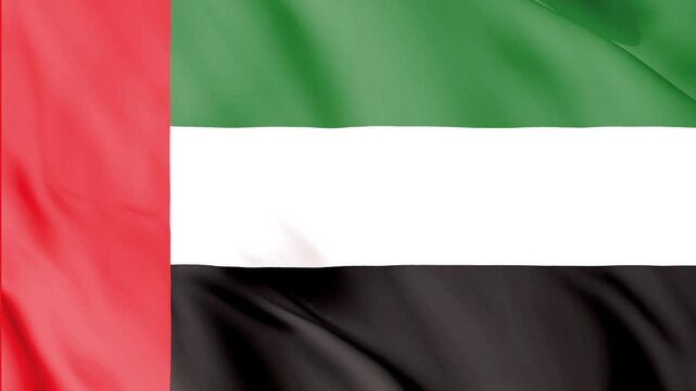 A high-quality close-up loop video of the national flag of the United Arab Emirates (UAE) waving in the wind, showing the pan-Arab colors of red, green, white, and black.