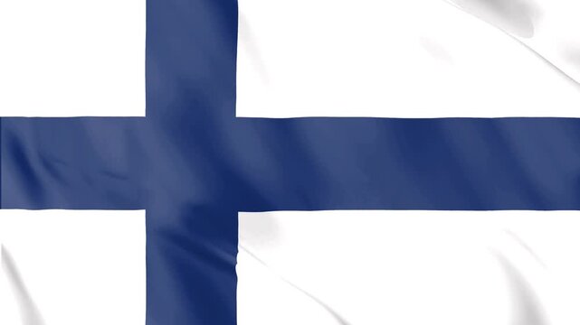 A high-quality close-up loop video of the national flag of Finland (Siniristilippu) waving in the wind, featuring the blue Nordic cross on a white background.