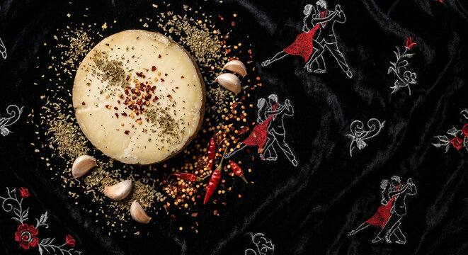 Flat lay of Provoleta ingredients on black velvet